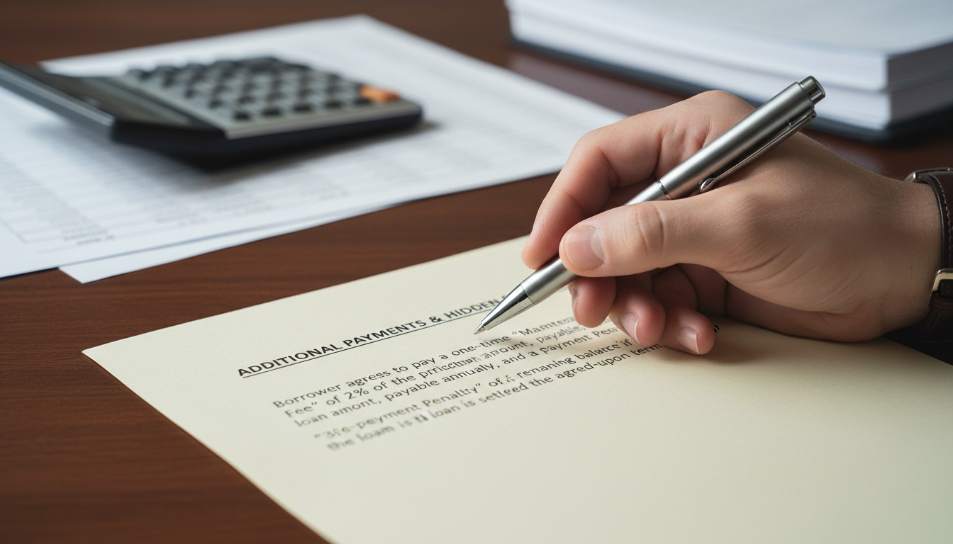 Крупный план руки, выделяющей скрытые комиссии в кредитном договоре