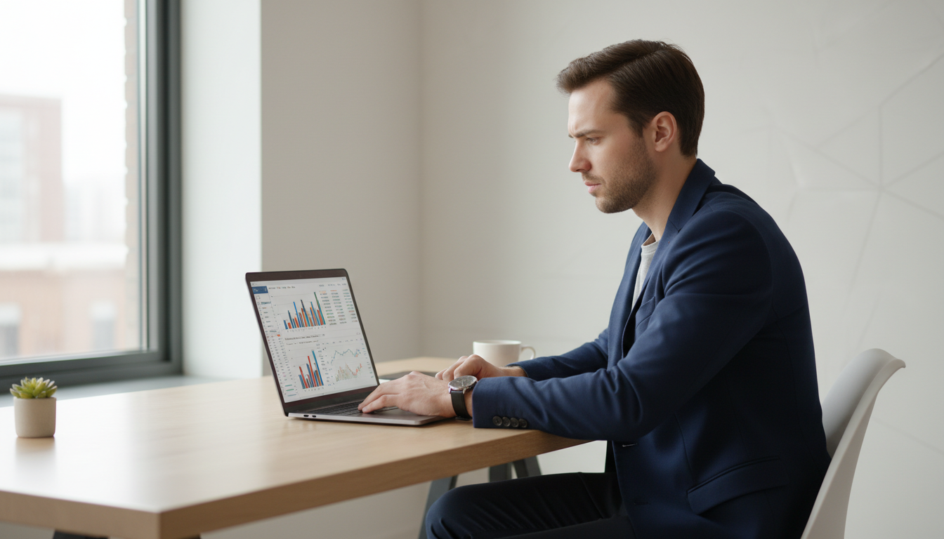 Человек, смотрящий на финансовые графики на ноутбуке