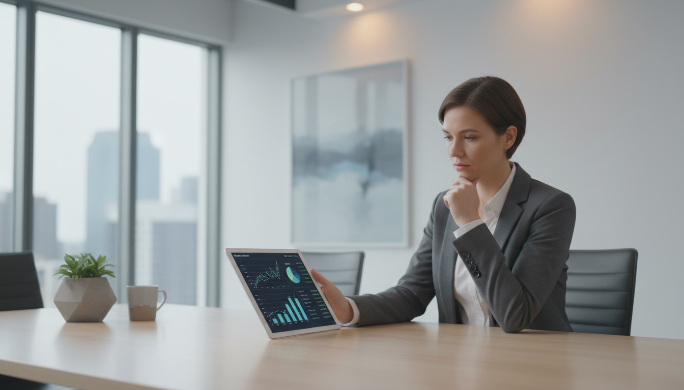 Человек анализирует финансовые данные на планшете в современном офисе.