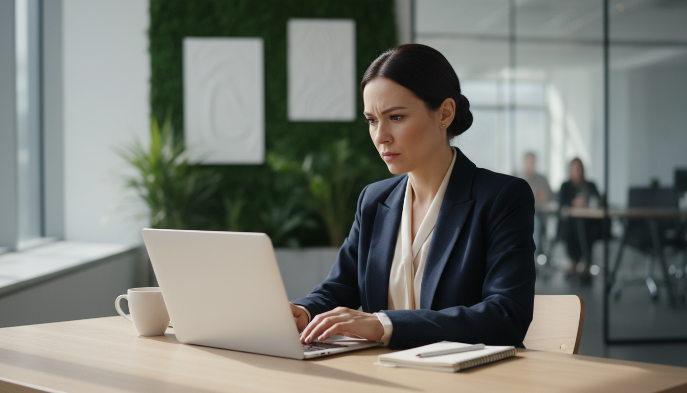 Женщина оформляет онлайн займ на ноутбуке в офисе