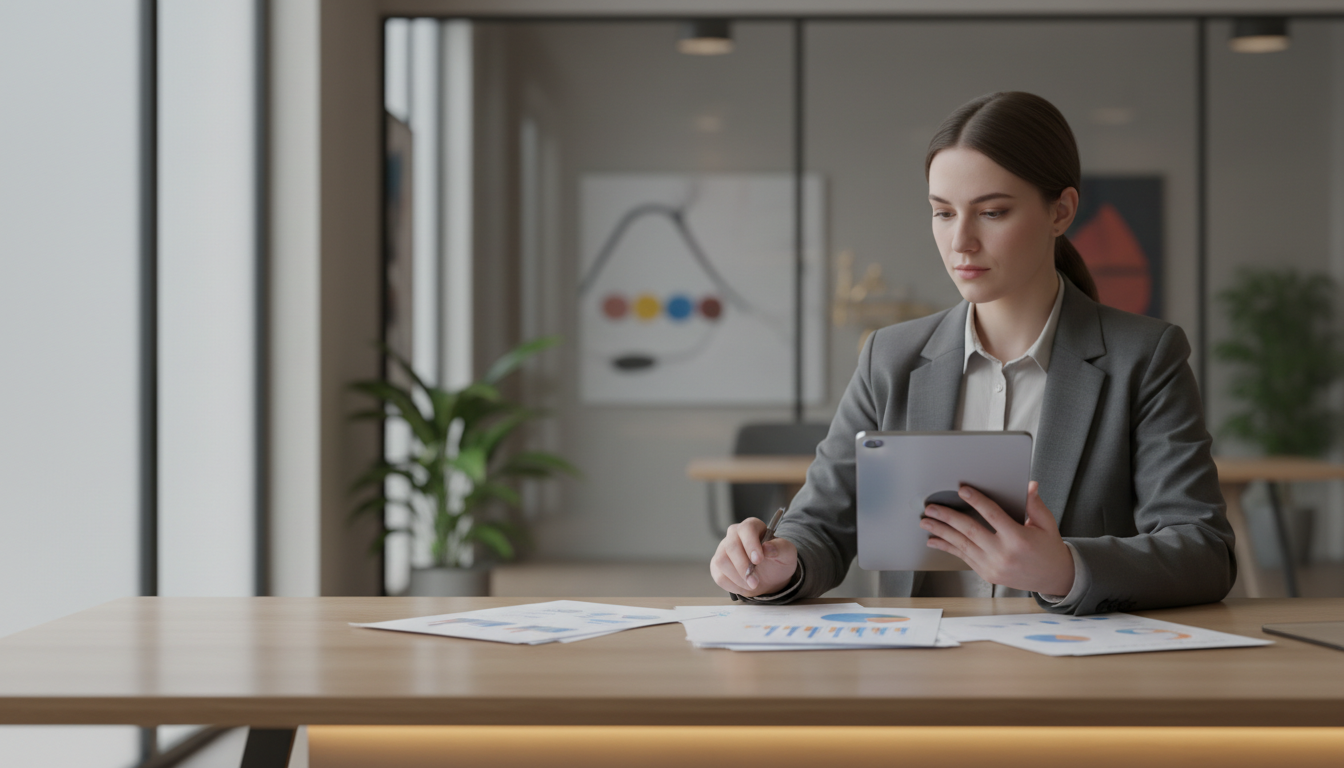 Человек анализирует финансовые документы на планшете в современном офисе