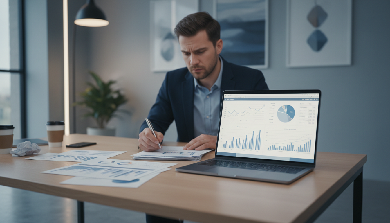 Человек анализирует финансовые документы за столом