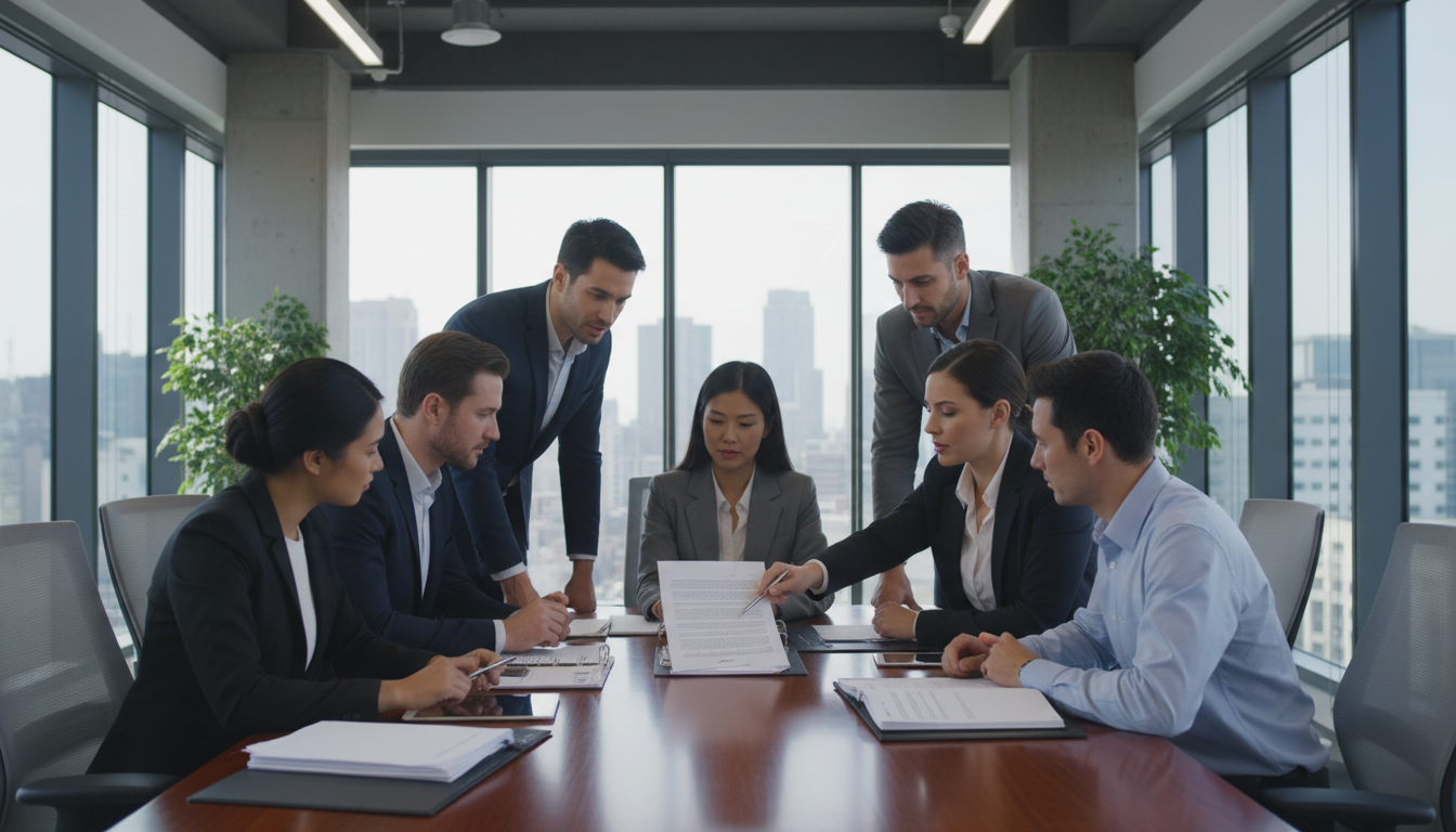 Group of professionals discussing loan documents in a modern office