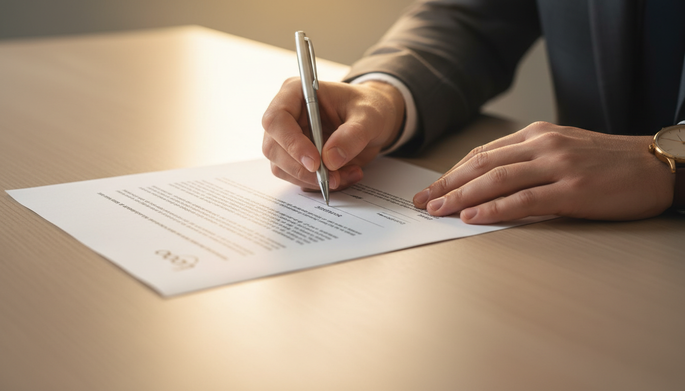 Человек подписывает важный финансовый документ