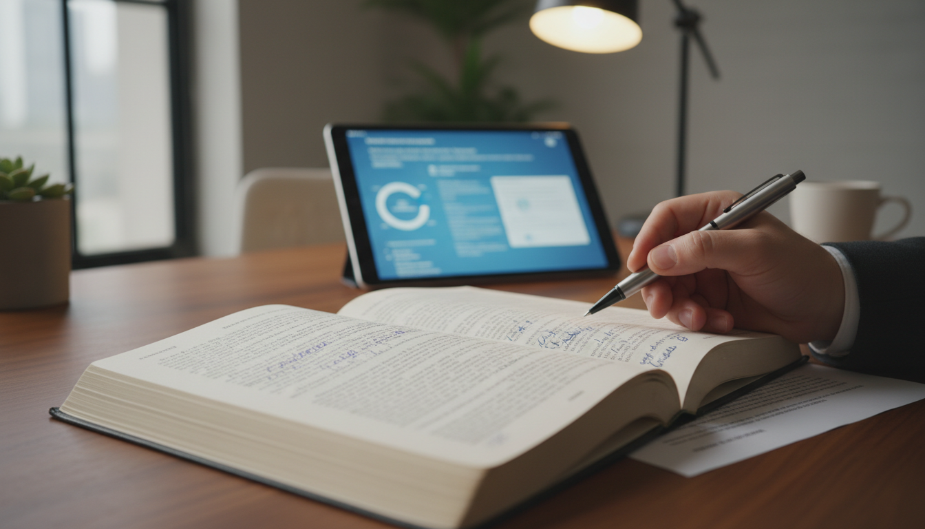 Hand holding a pen over legal documents with a tablet in the background