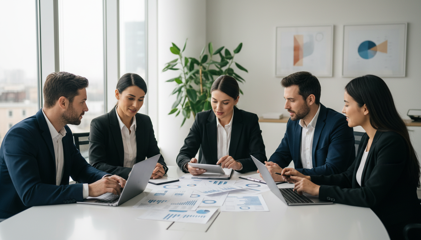 Group of professionals discussing consumer loan options in a modern office