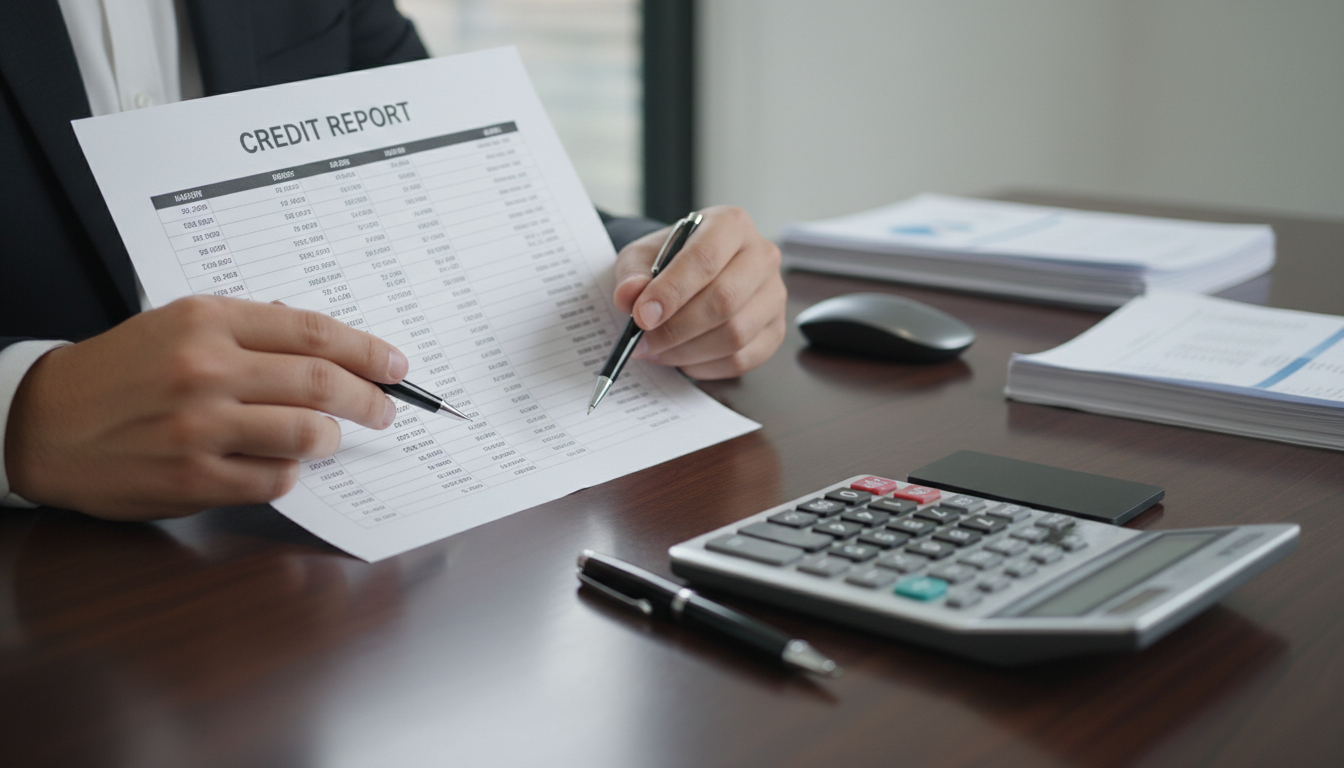 Руки изучают кредитный отчет и финансовые документы на столе.