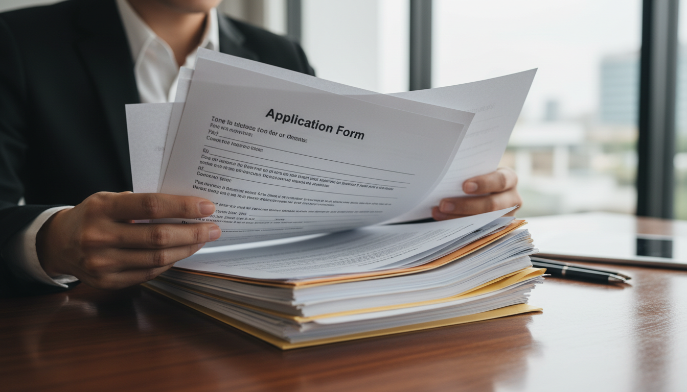 Человек, внимательно изучающий документы заявления на займ